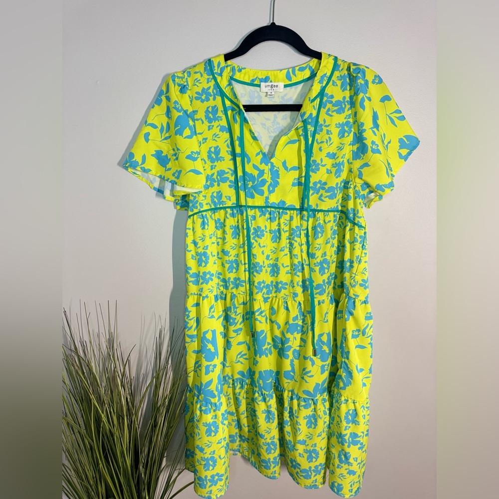 Umgee Vibrant Yellow Dress with Blue Floral Design